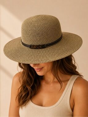 Nine West Wide-Brim Woven Sun Hat with Black Chain Band - Tan